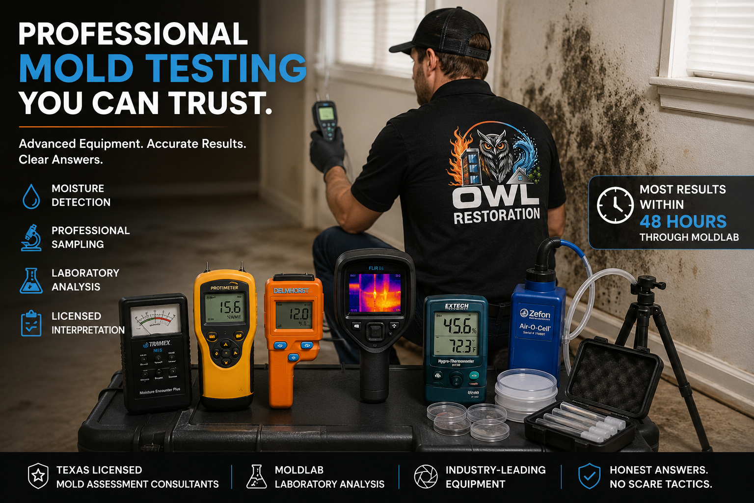 Professional mold testing equipment including moisture meters, hygrometer, thermal imaging camera, and air sampling supplies